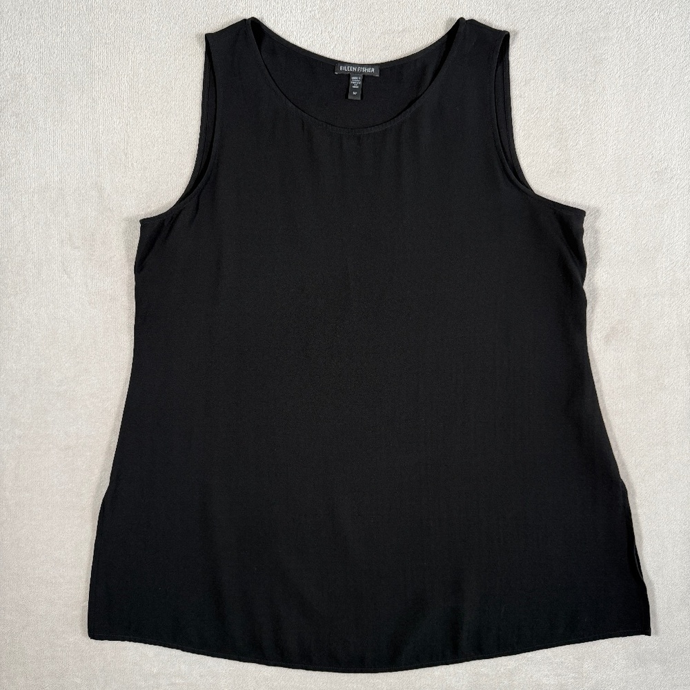 Eileen Fisher Tank Top Womens Small Black 100% Silk Sleeveless Tunic Side Slits